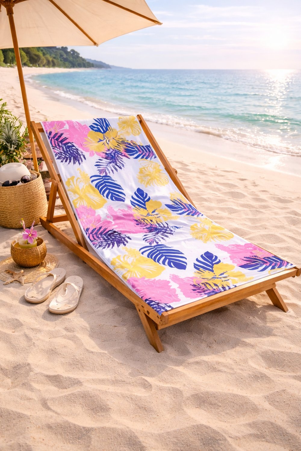 Tropikal Çiçek Desenli Premium Plaj Havlusu – Pembe Sarı Yapraklı Yazlık Deniz Havlusu 75x150 cm