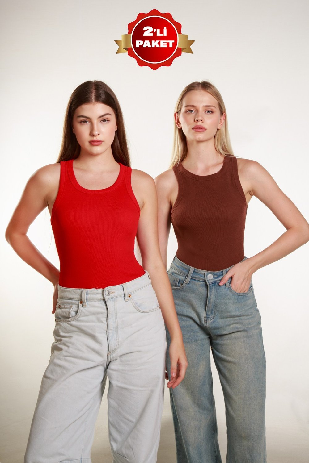 2Li Kadın Fitilli Halter Yaka T-shirt  Örme Atlet 2LiPaket