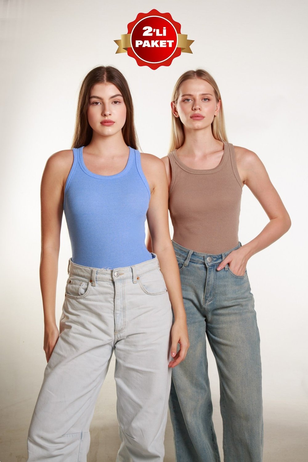 2Li Kadın Fitilli Halter Yaka T-shirt  Örme Atlet 2LiPaket