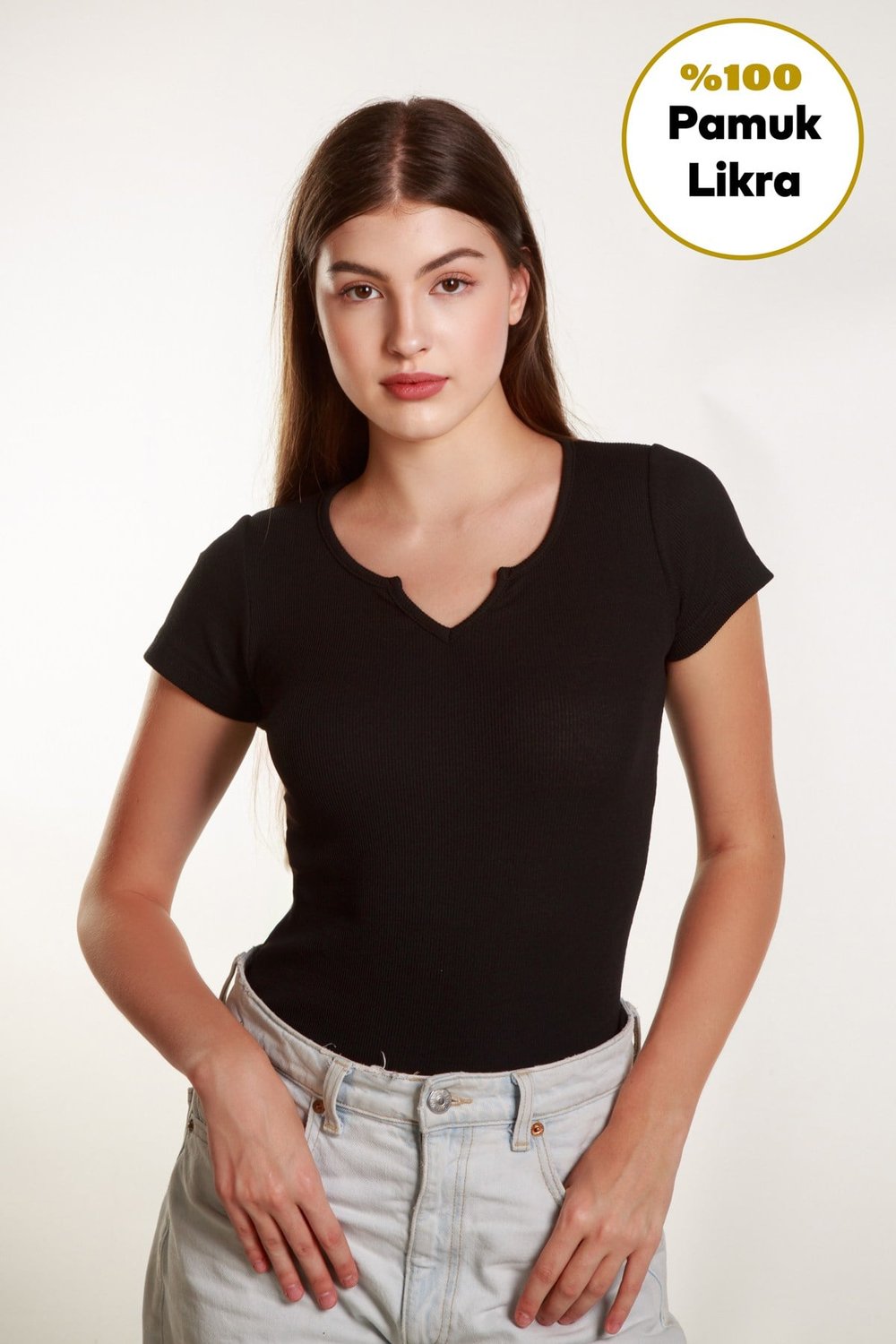 Kadın  Basic Fitilli  Likralı V Yaka Kollu Tshirt Atlet Bluz