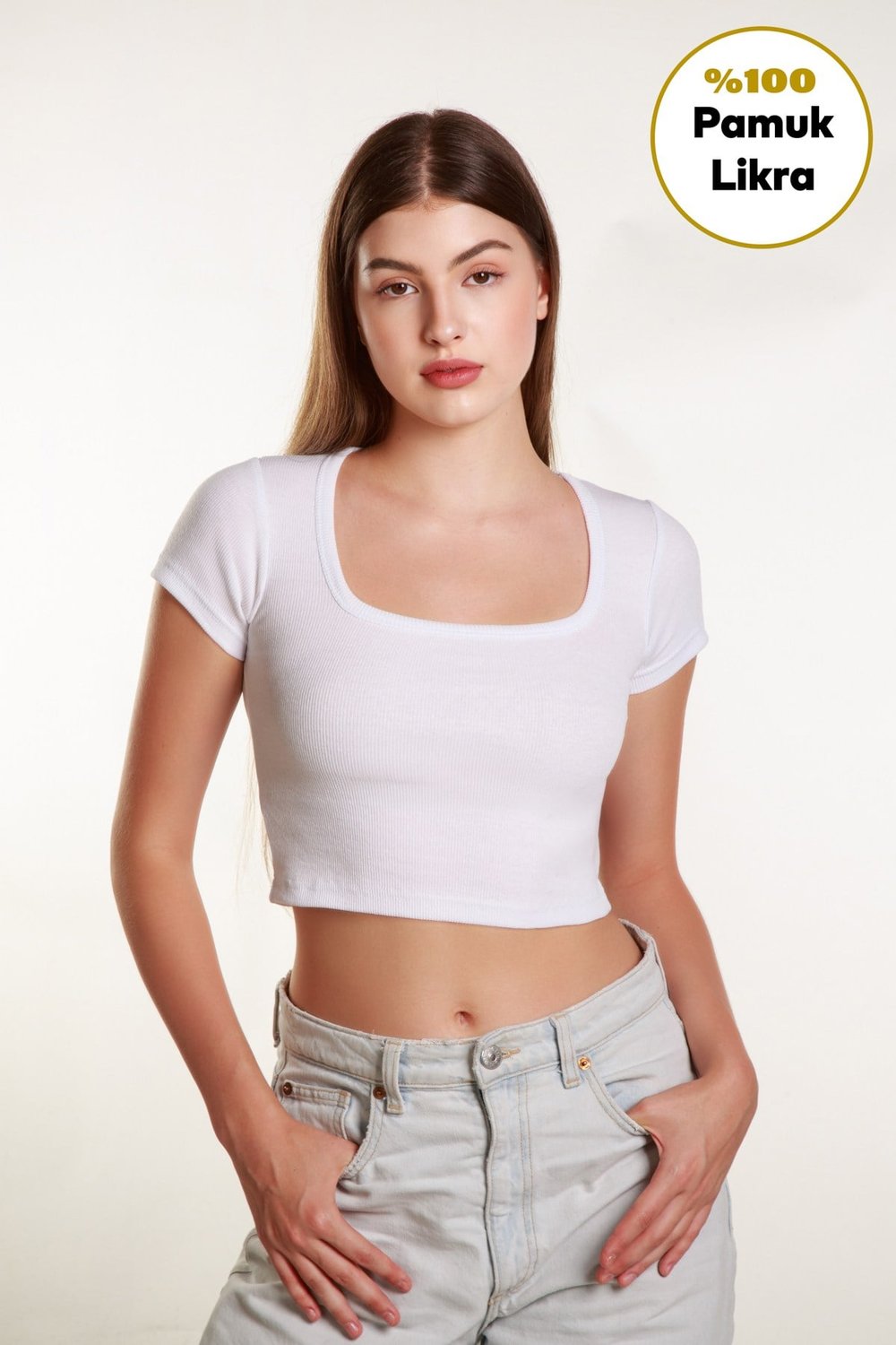 Kadın Fitilli Crop Kare yaka Fitilli Kısa Kollu T-shirt Atlet