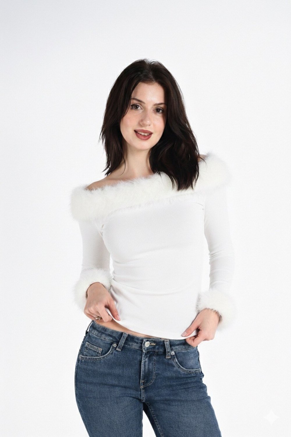 Suni Kürklü Kayık Yaka Uzun Kollu Dalgıç Slim Fit Off Shoulder Bluz