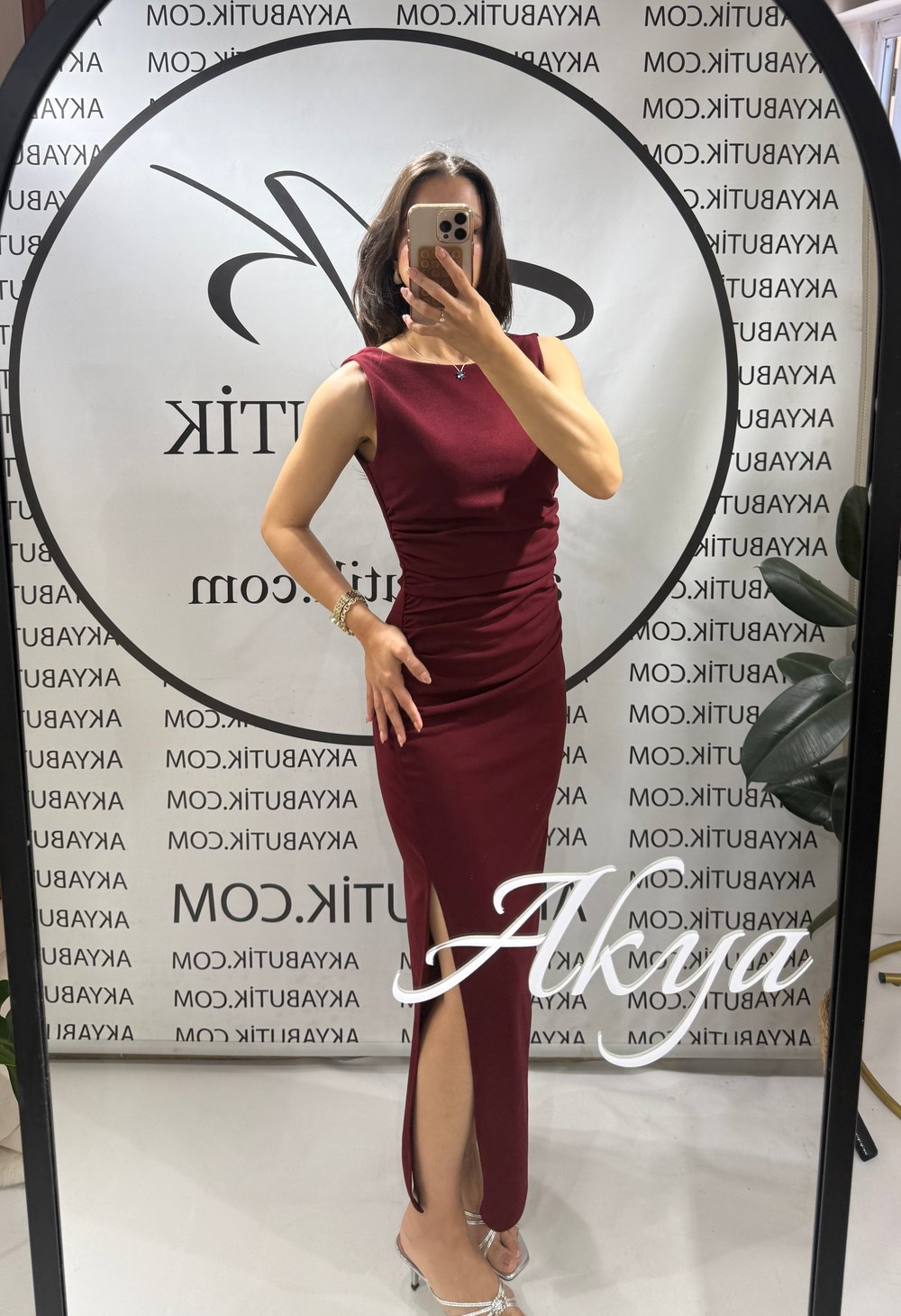 Bordo Drape Detaylı Yırtmaçlı Elbise 