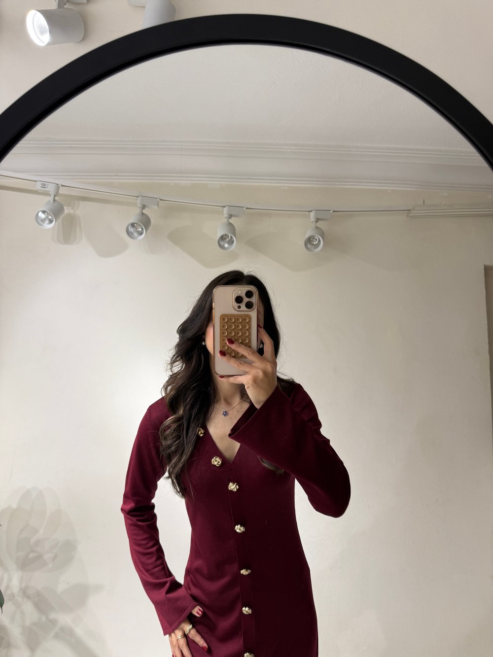Bordo Gold Detaylı Elbise 