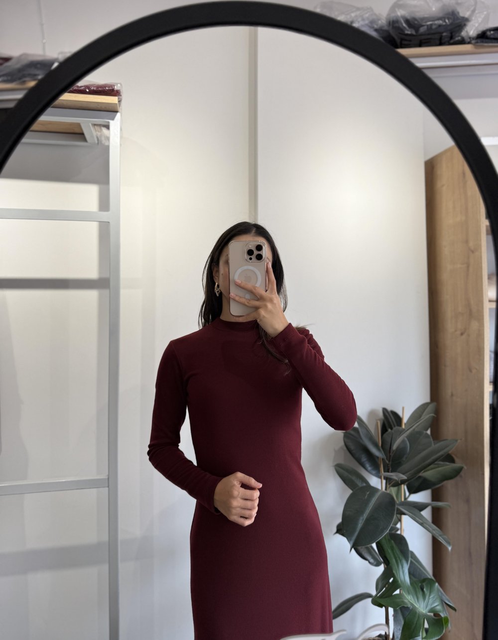 BORDO UZUN KOLLU MİDİ ELBİSE 