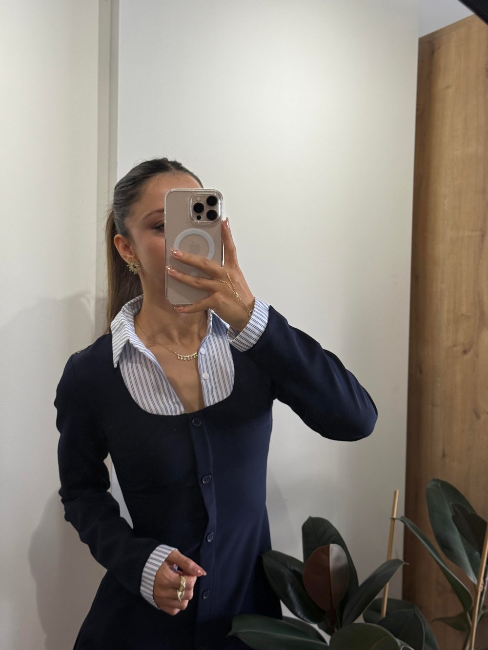 LACİVERT ÇİZGİLİ UZUN KOLLU GÖMLEK ELBİSE 
