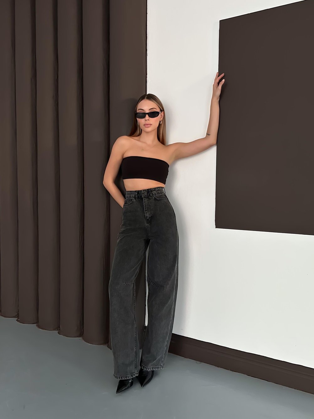 Baggy Arka Tokalı Kot Pantolon Siyah Açık Kar