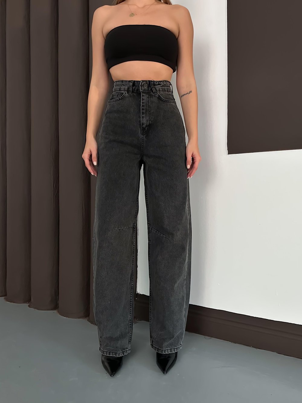 Baggy Arka Tokalı Kot Pantolon Siyah Açık Kar