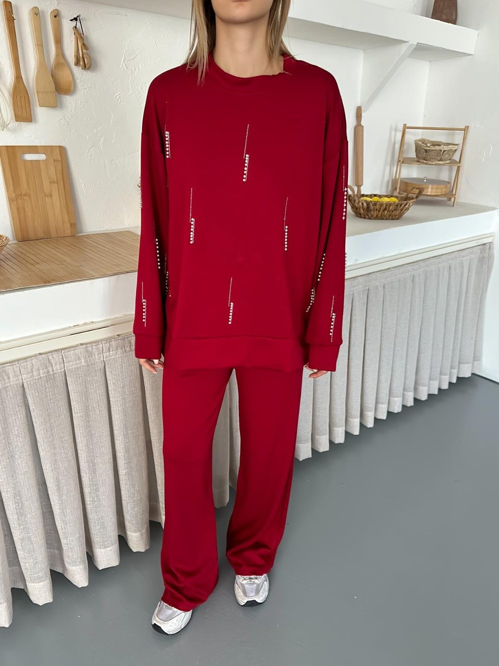 Cansın Mini Beyaz Kız Çocuk Desenli Modal Kumaş Geniş Paça Eşofman Takımı Bordo