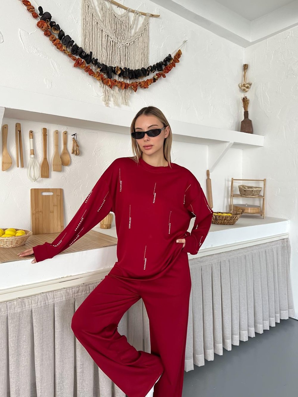 Cansın Mini Beyaz Kız Çocuk Desenli Modal Kumaş Geniş Paça Eşofman Takımı Bordo