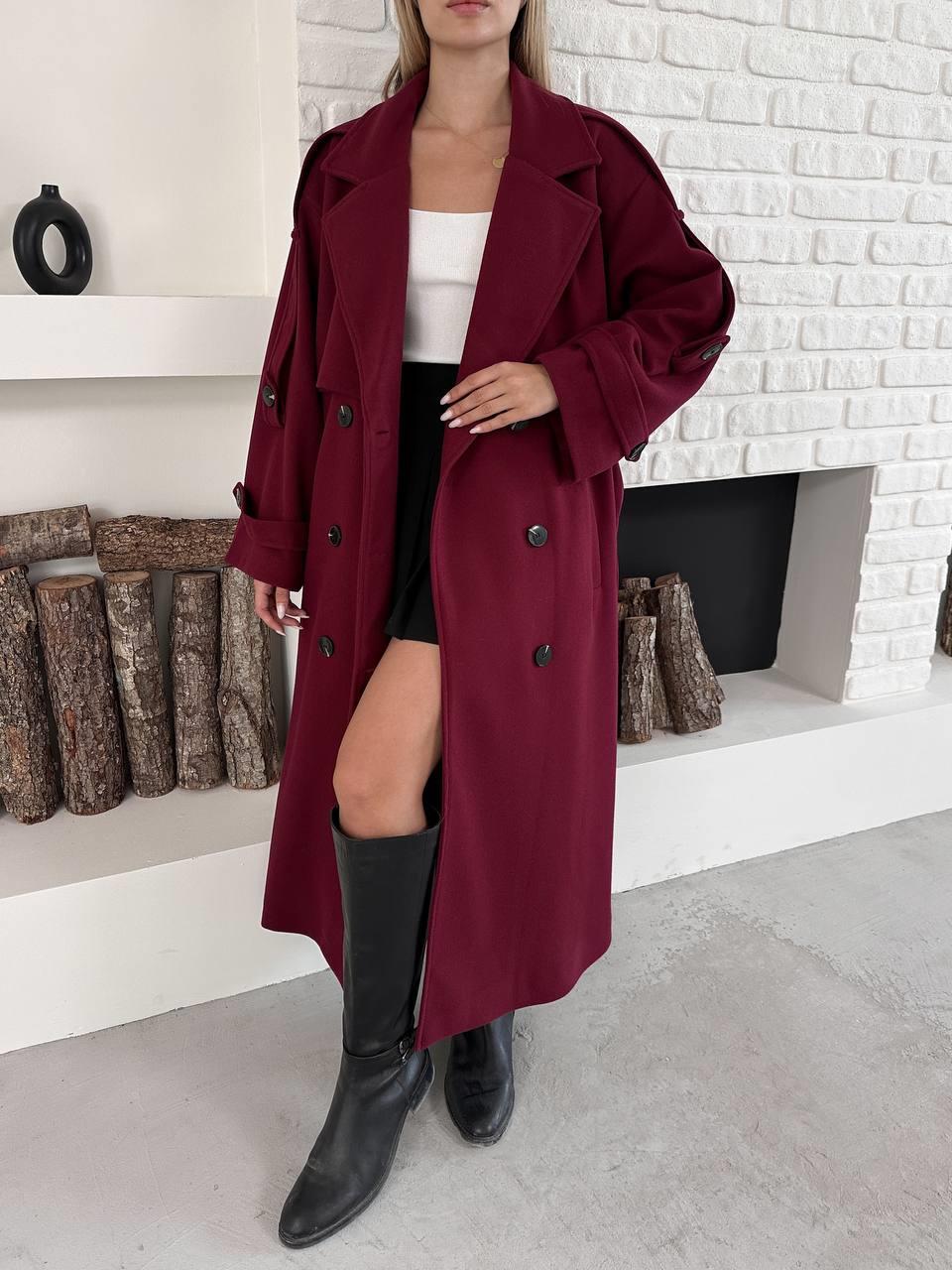 Düğme Detaylı Oversize Kaşe Trençkot Bordo
