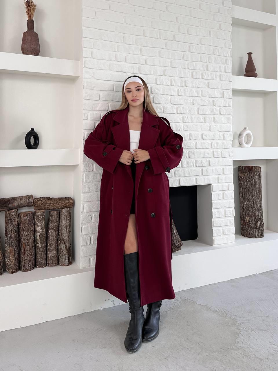 Düğme Detaylı Oversize Kaşe Trençkot Bordo