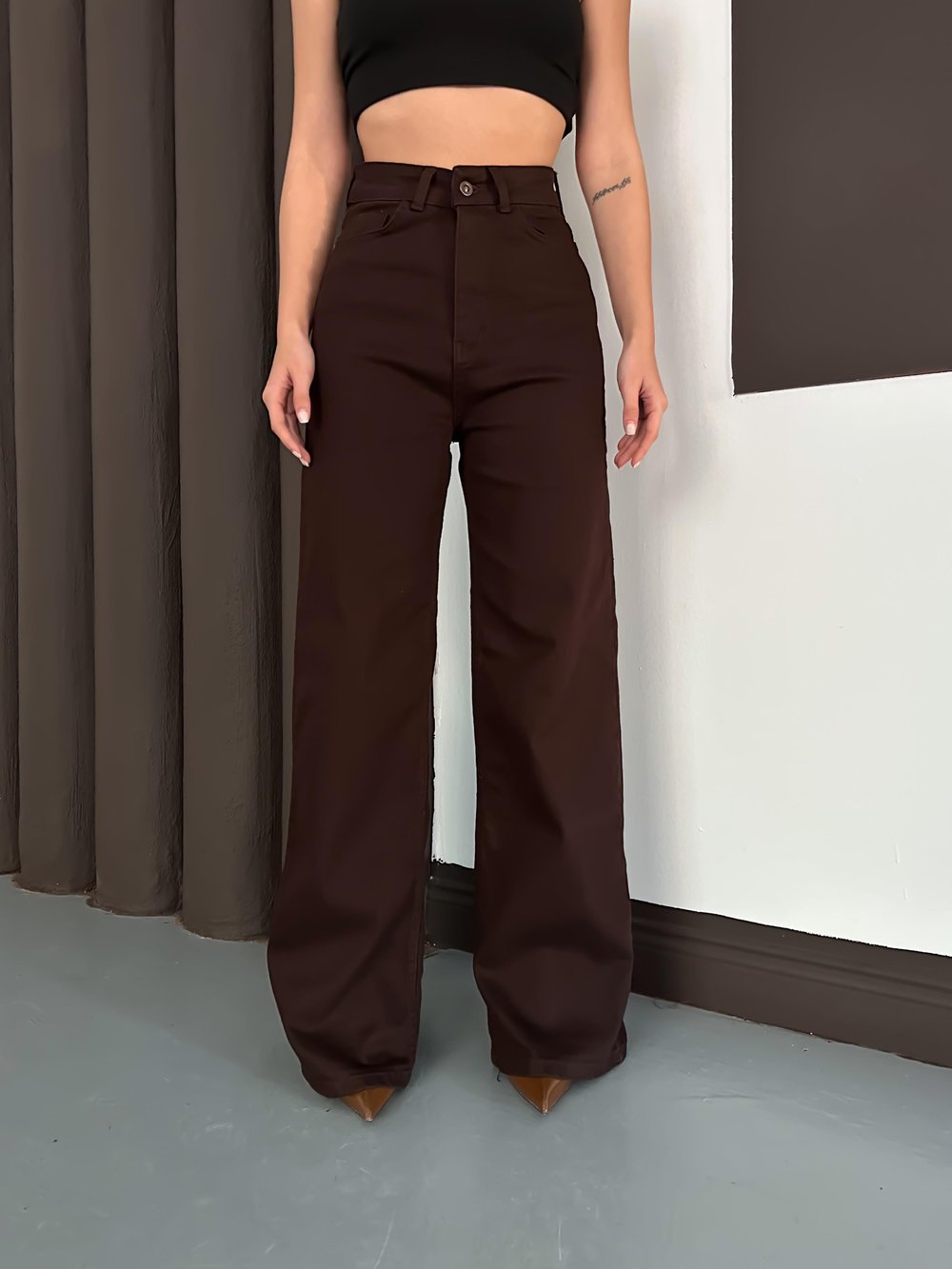 Kahve Palazzo Straight Baggy Kot Kadın Pantolon