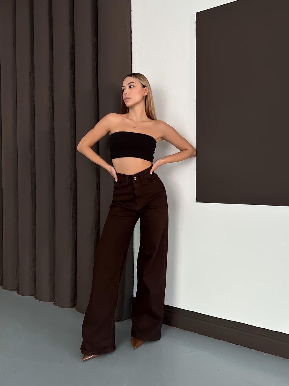 Kahve Palazzo Straight Baggy Kot Kadın Pantolon