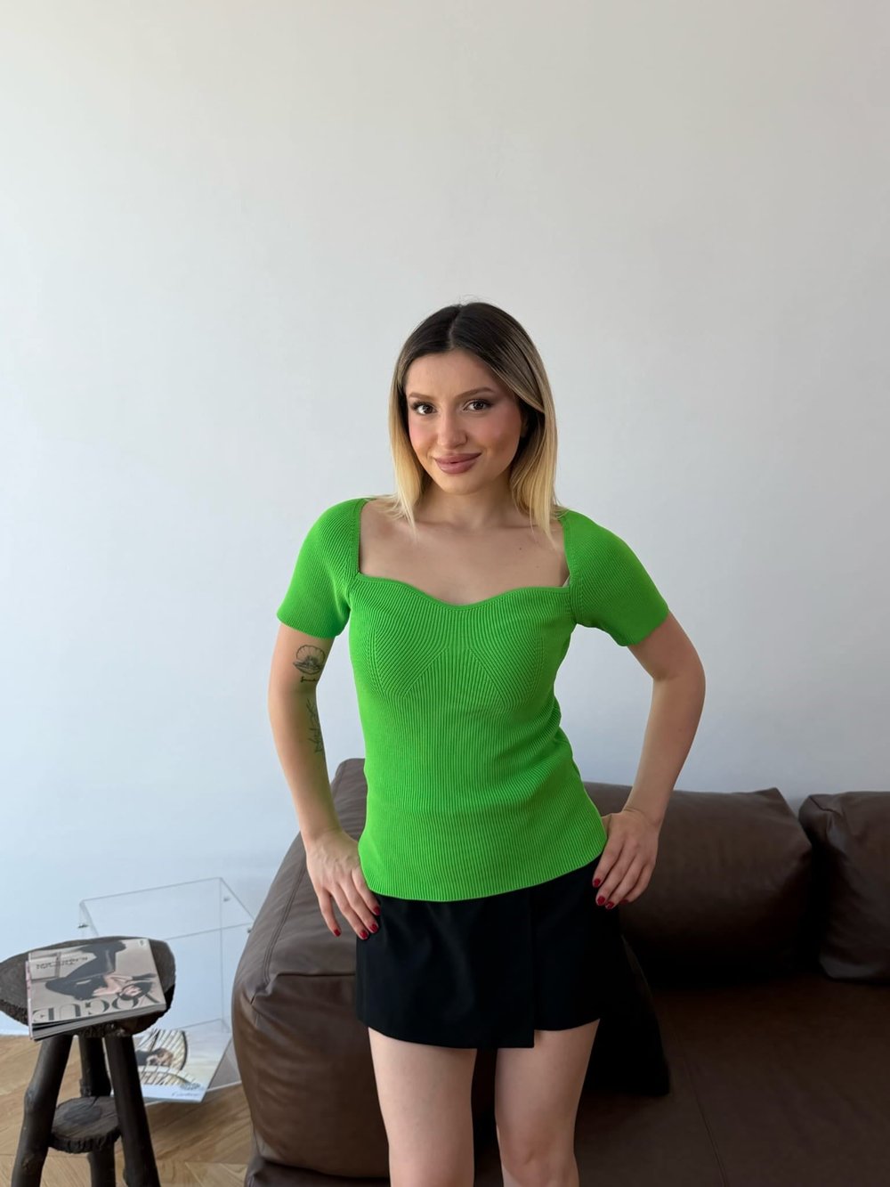 Kare Yaka Kısa Kollu Fitilli Kaşkorse Bluz