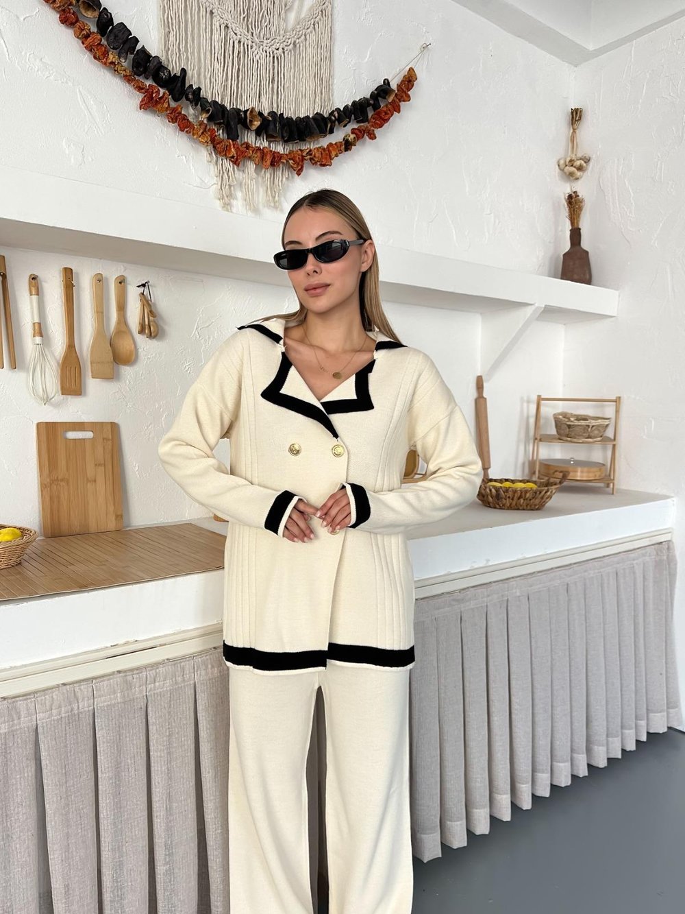 Kazabilanka Triko Oversize Takım Düğme Detaylı Krem