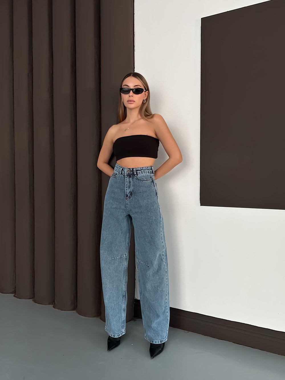 Linda 90s Orta Kar Yıkama Mavi Likralı Süper Extra Yüksek Bel Palazzo Salaş Jean Pantolon