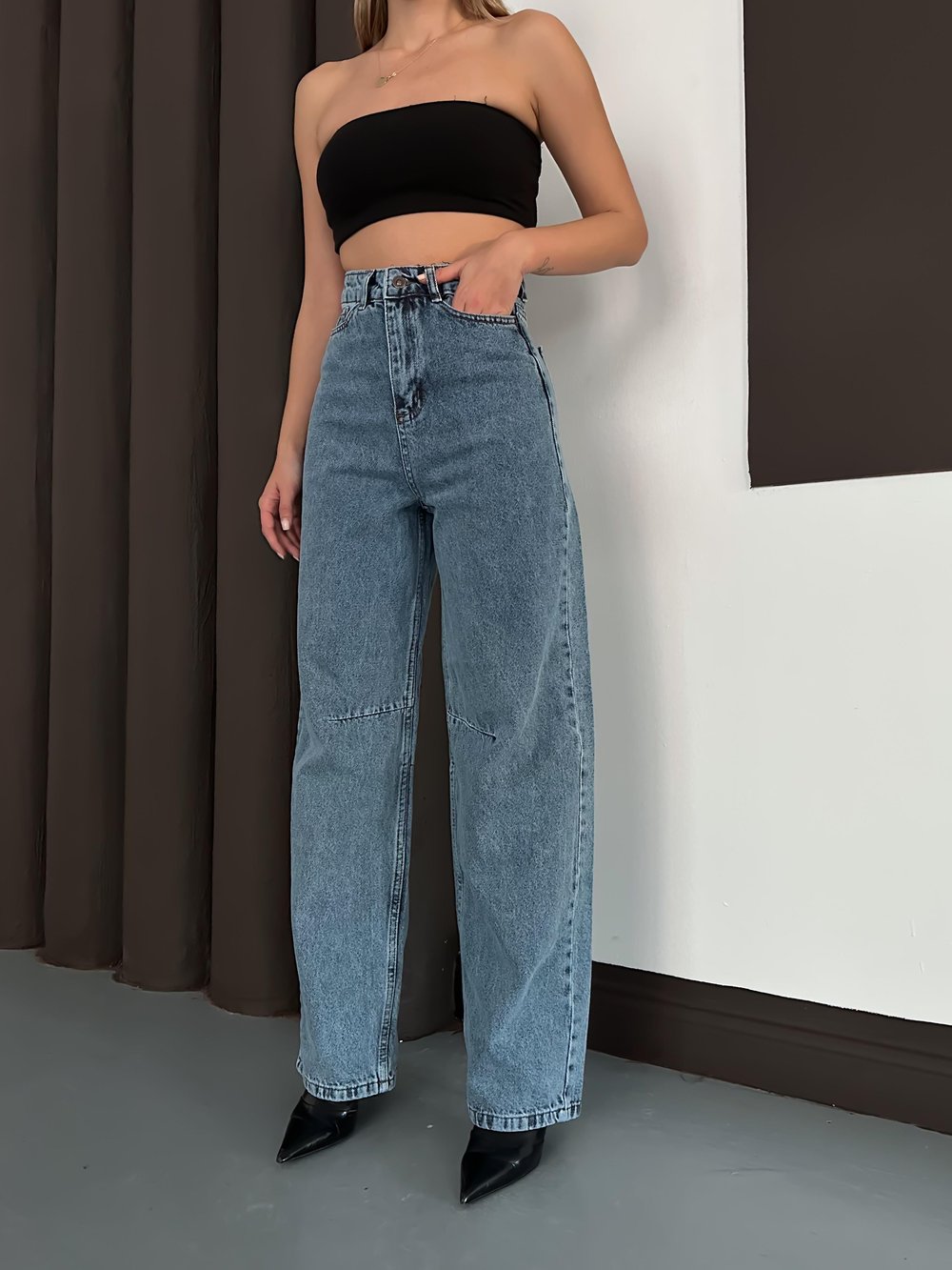 Linda 90s Orta Kar Yıkama Mavi Likralı Süper Extra Yüksek Bel Palazzo Salaş Jean Pantolon