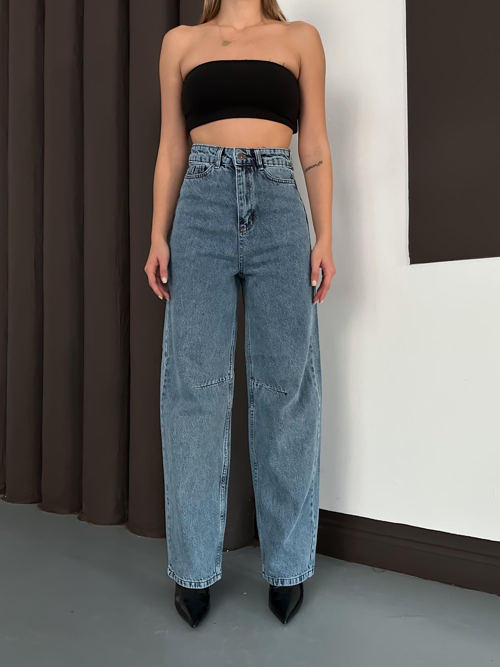 Linda 90s Orta Kar Yıkama Mavi Likralı Süper Extra Yüksek Bel Palazzo Salaş Jean Pantolon