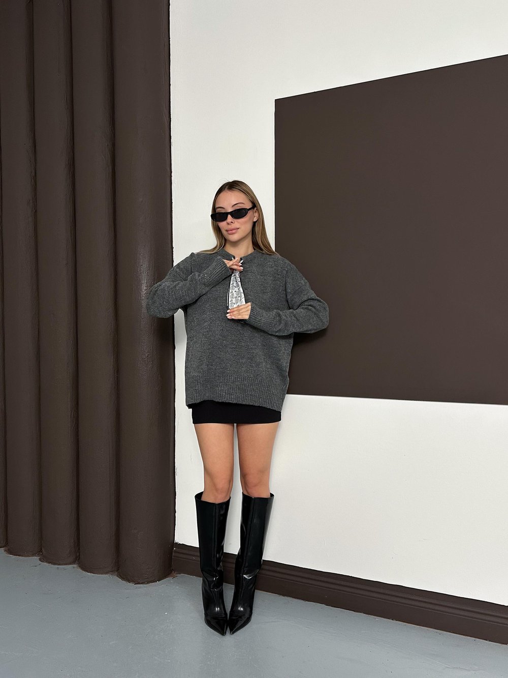 Polo Yaka Fularlı Oversize Triko Kazak Antrasit