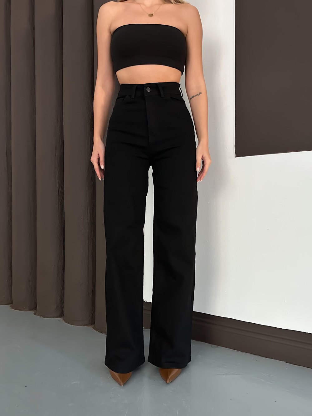 Siyah Palazzo Straight Baggy Kot Kadın Pantolon