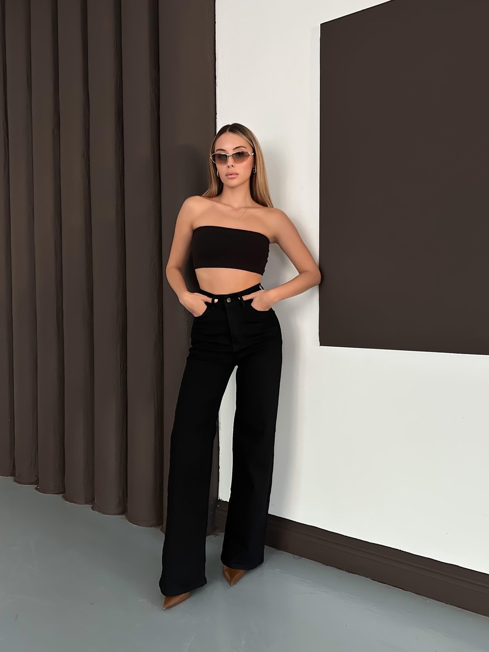 Siyah Palazzo Straight Baggy Kot Kadın Pantolon