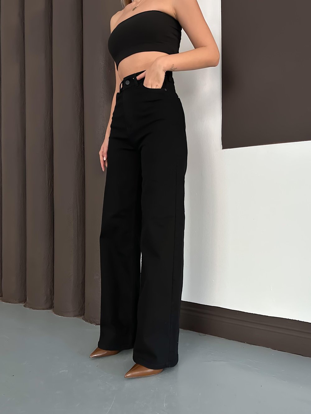 Siyah Palazzo Straight Baggy Kot Kadın Pantolon