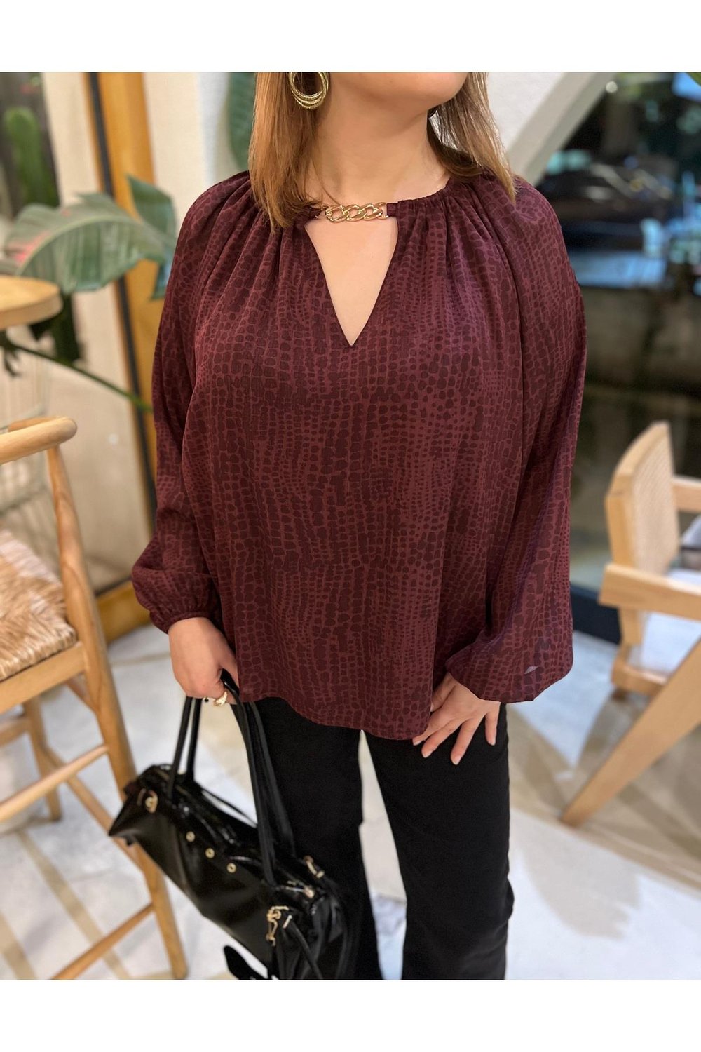 Gold Zincirli Oversize Bordo Tül Bluz