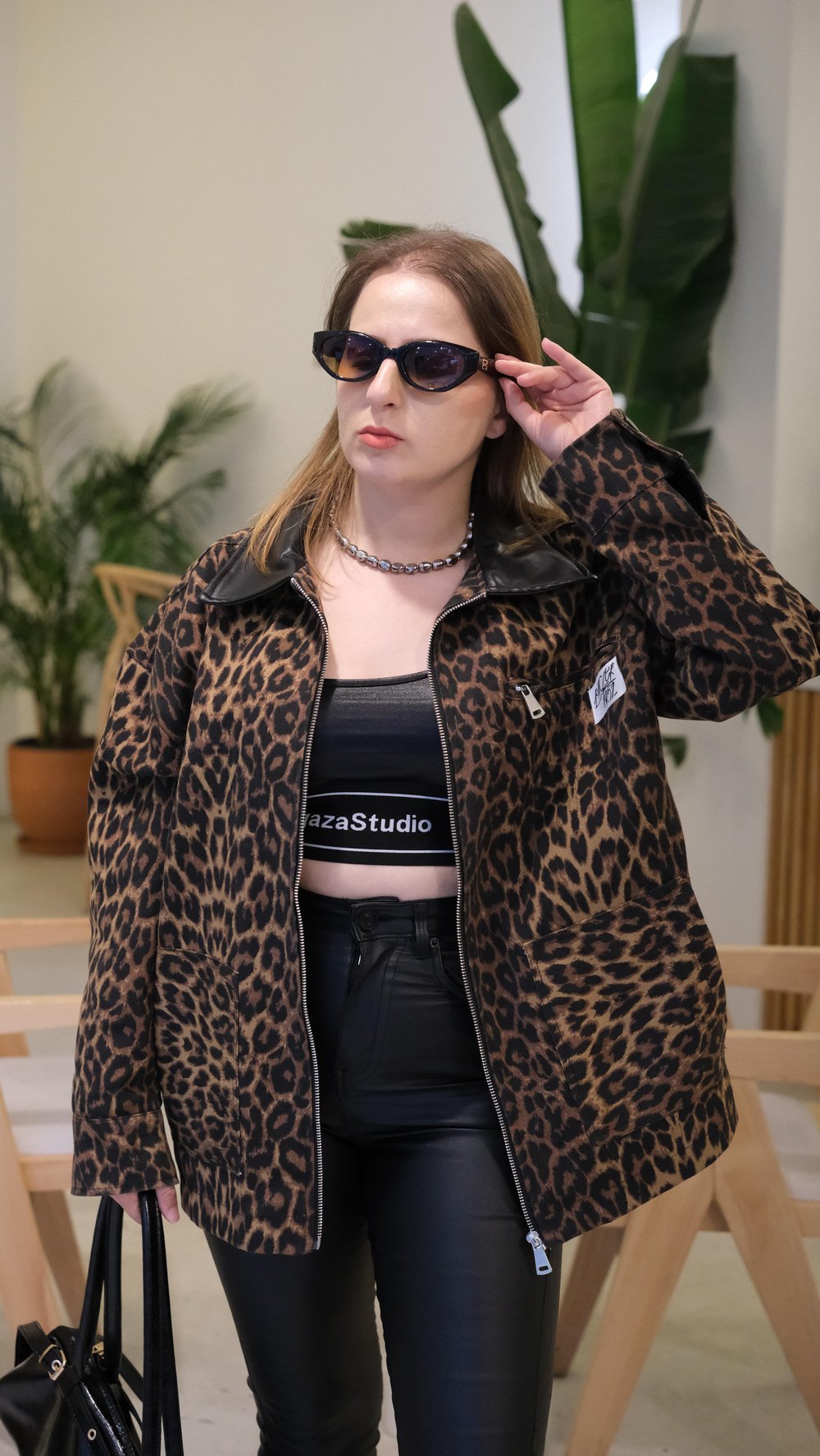 Kadın Deri Detaylı Astarlı Leopar Desenli Ceket