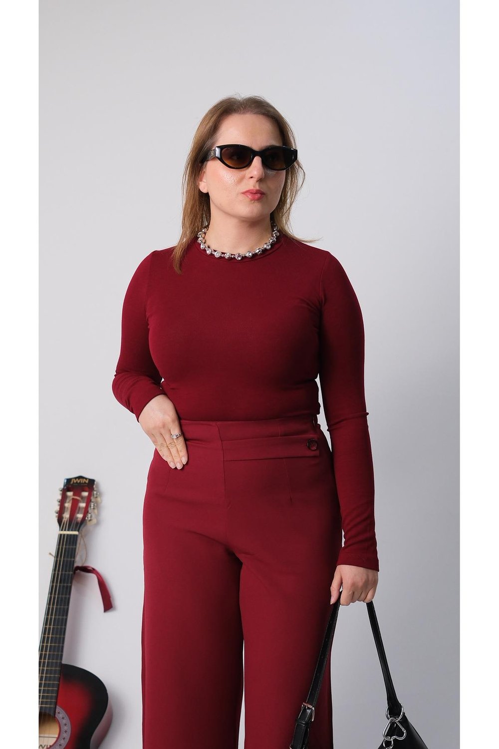 Parmak Geçmeli Bordo Bluz