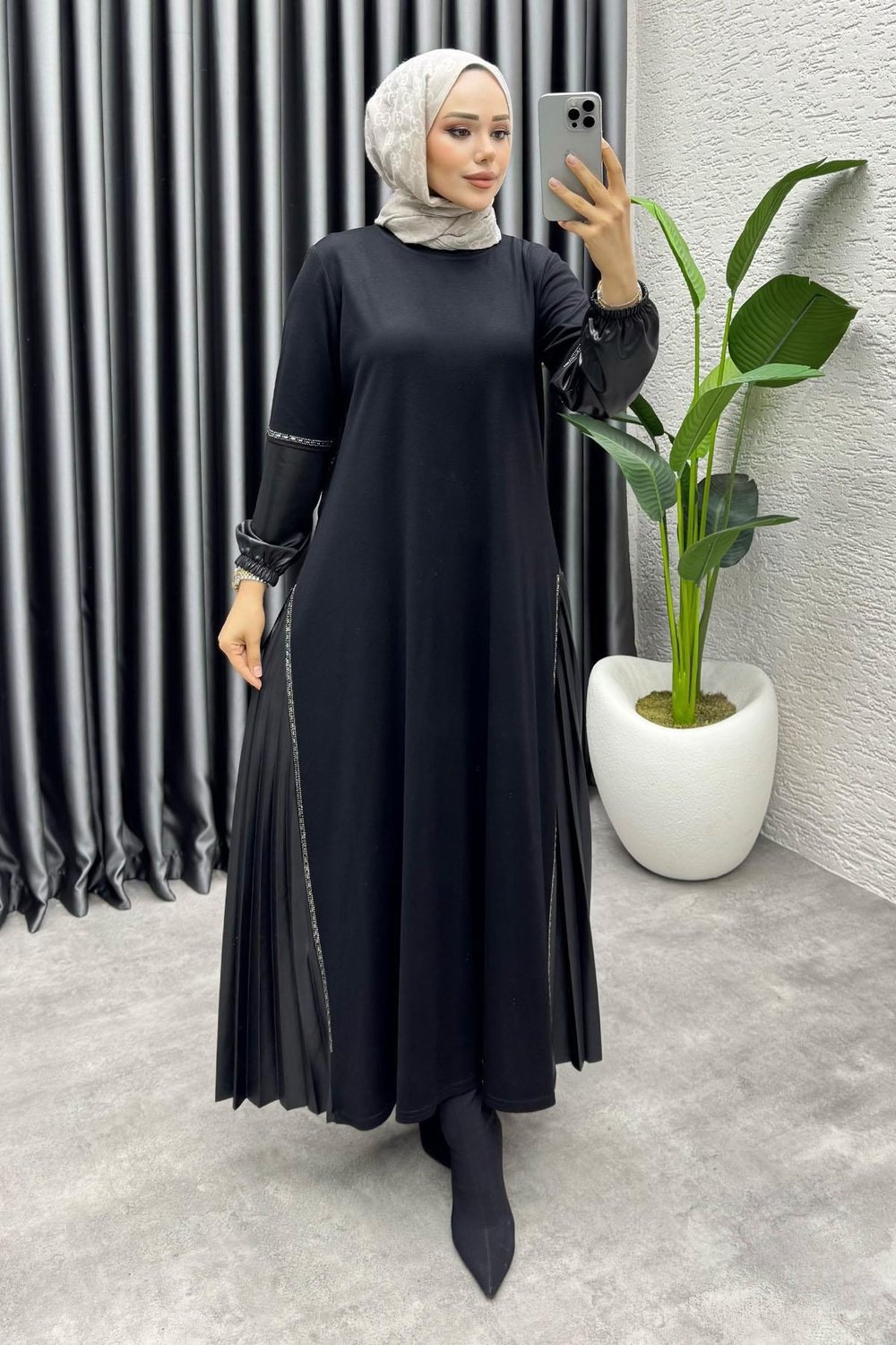 Açelya Deri Detaylı Elbise 3359 Siyah