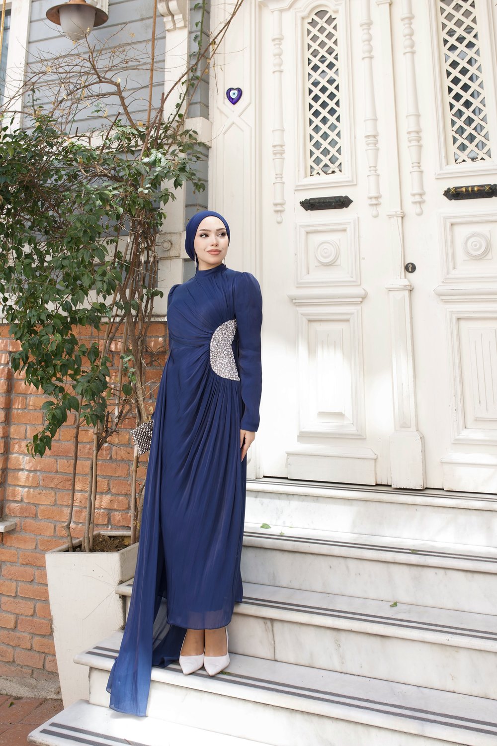 Ahu Beli Taşlı Janjan Abiye 8082 Lacivert
