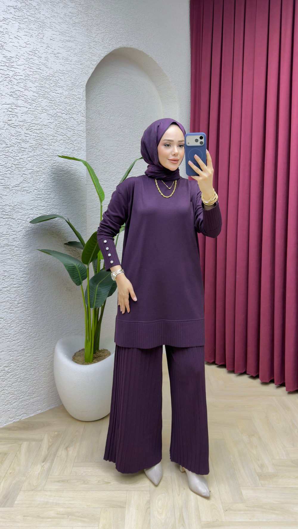 Azra Merserize Pantolonlu Takım 7045 Mürdüm