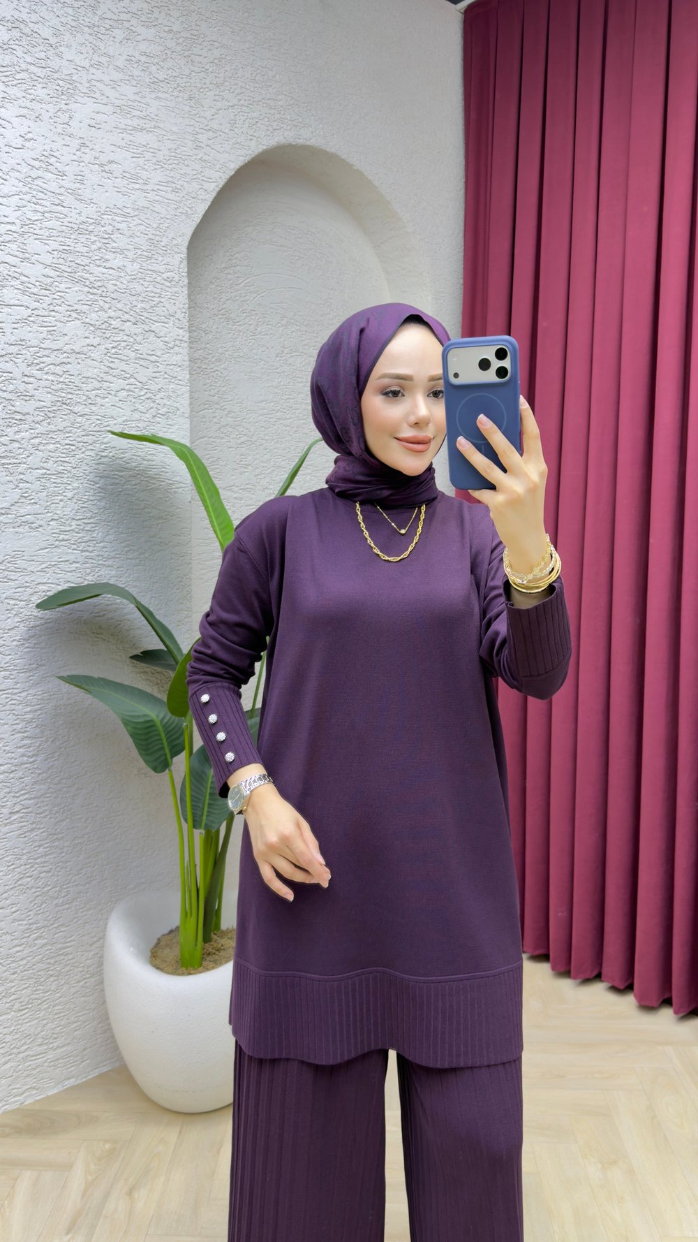Azra Merserize Pantolonlu Takım 7045 Mürdüm