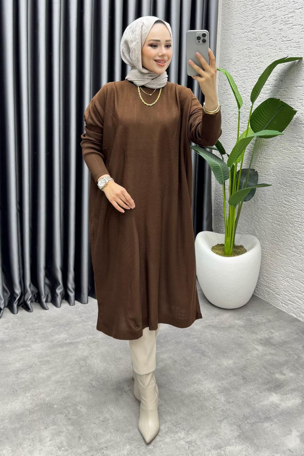 Basic Salaş Triko Tunik 2096 Kahverengi