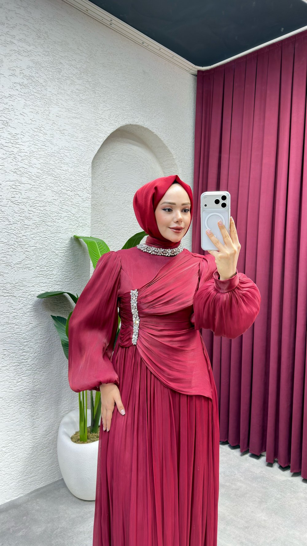 Diva Drape Detay Abiye 8083 Bordo