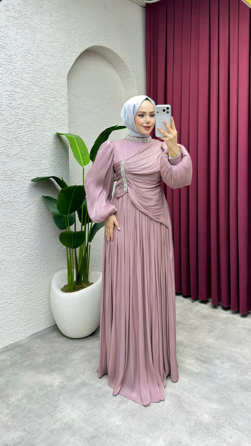 Diva Drape Detay Abiye 8083 Pudra