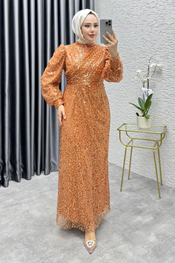 Drape İşlemeli Pullu Abiye 8012 Bakır
