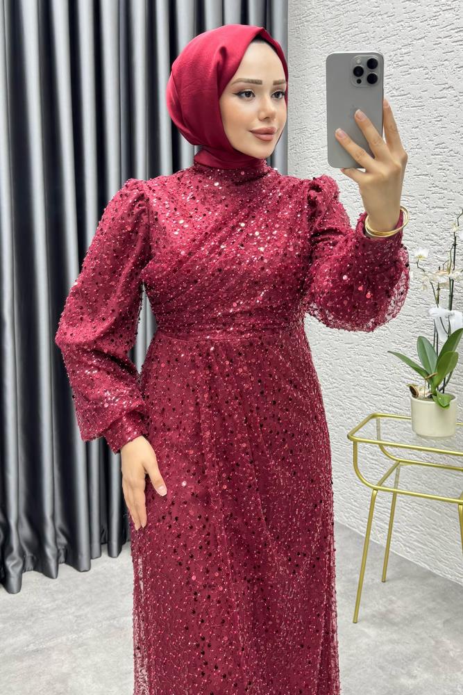 Drape İşlemeli Pullu Abiye 8012 Bordo