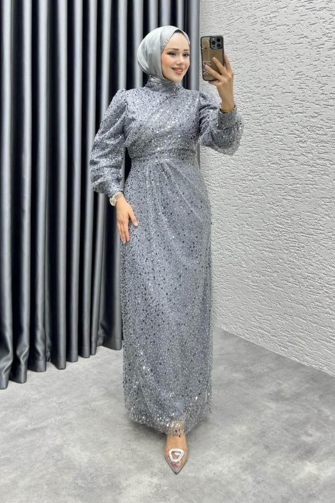 Drape İşlemeli Pullu Abiye 8012 Gri