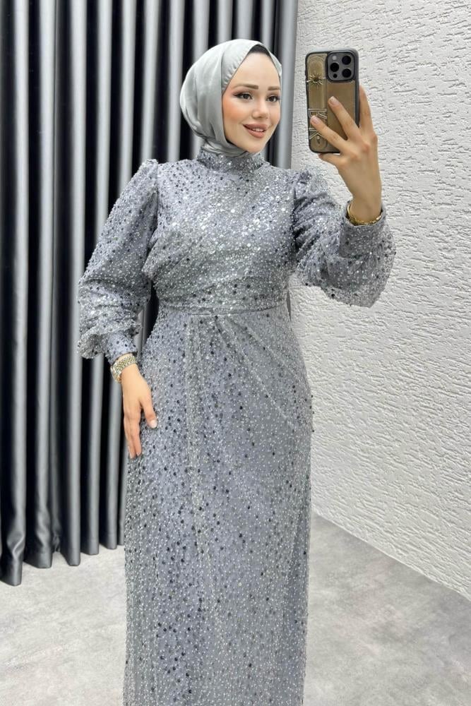 Drape İşlemeli Pullu Abiye 8012 Gri