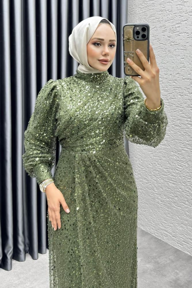 Drape İşlemeli Pullu Abiye 8012 Haki