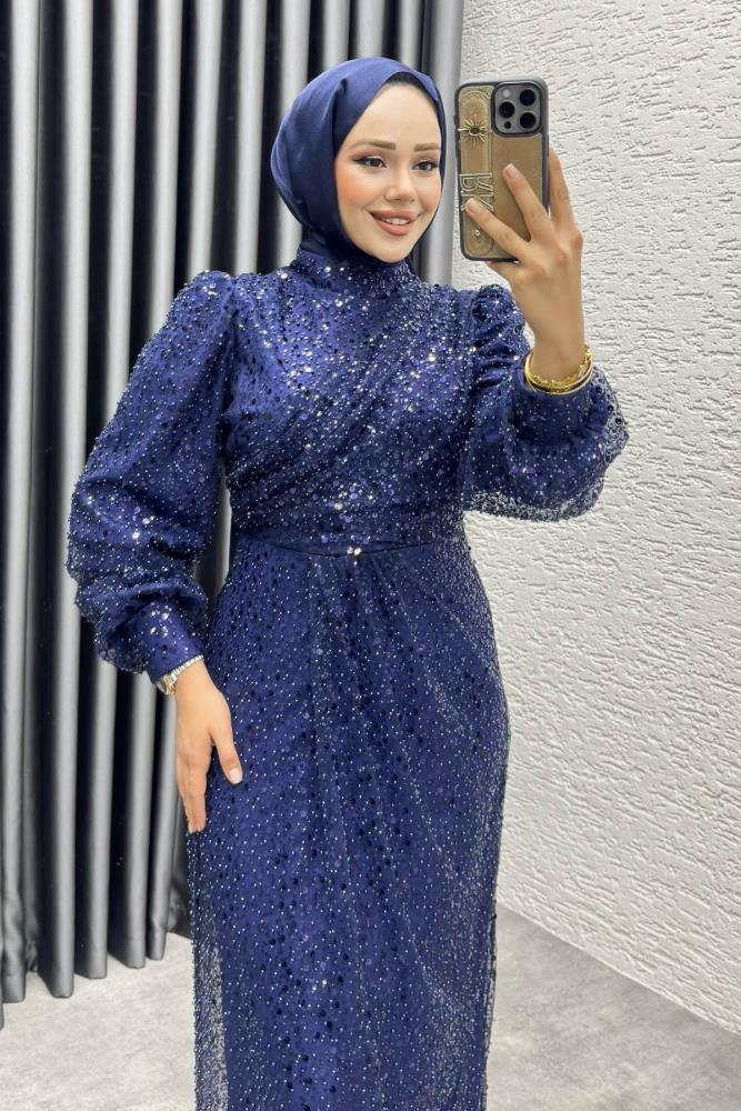 Drape İşlemeli Pullu Abiye 8012 Lacivert