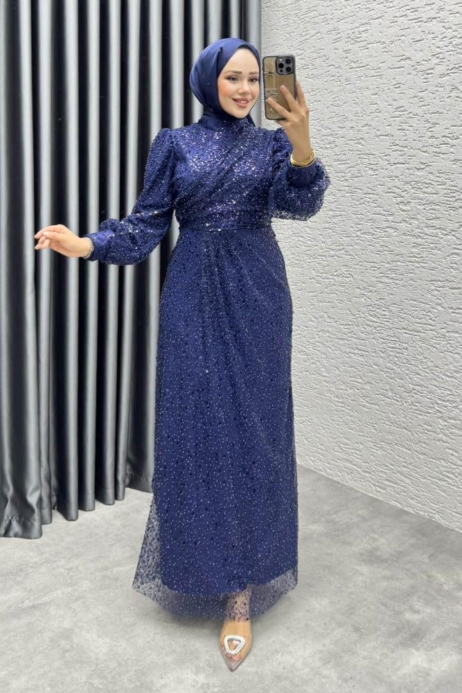 Drape İşlemeli Pullu Abiye 8012 Lacivert