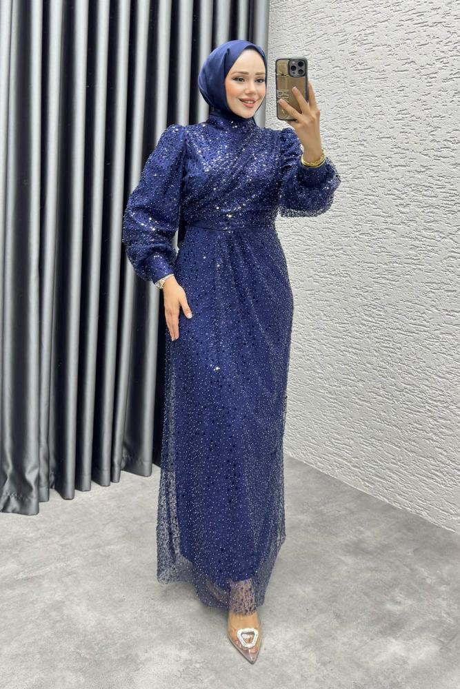 Drape İşlemeli Pullu Abiye 8012 Lacivert