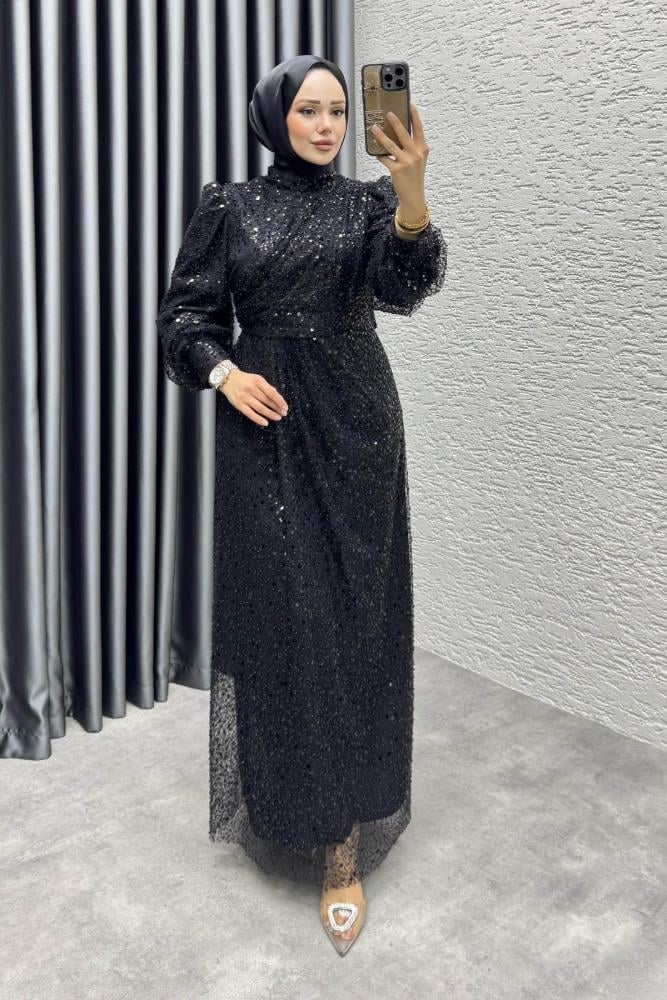 Drape İşlemeli Pullu Abiye 8012 Siyah