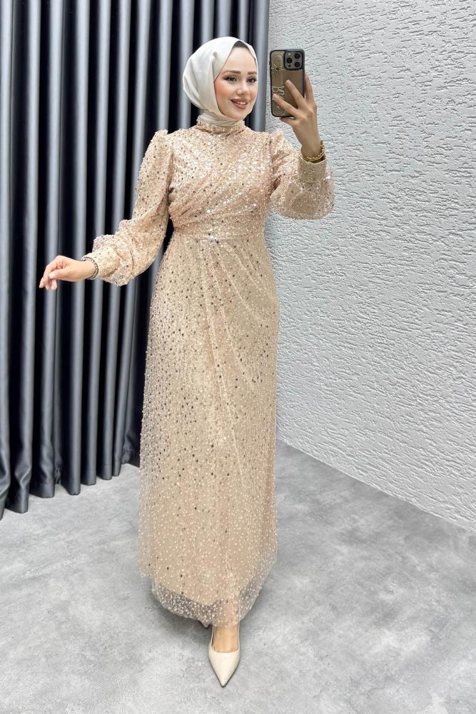 Drape İşlemeli Pullu Abiye 8012 Vizon