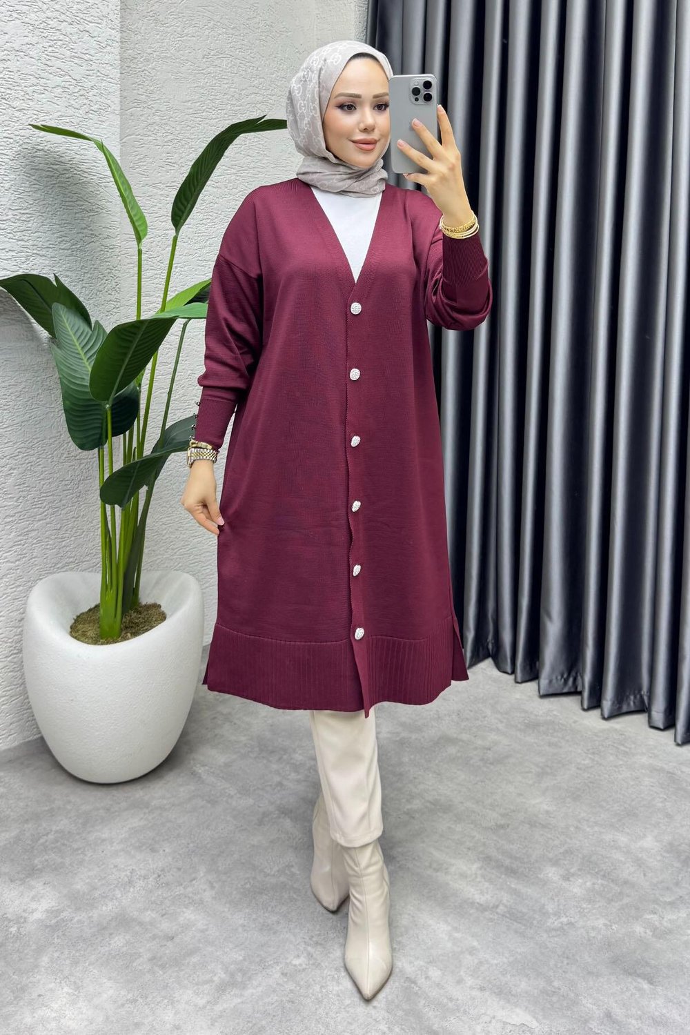 Düğme Detaylı Basic Triko Hırka 2529 Bordo