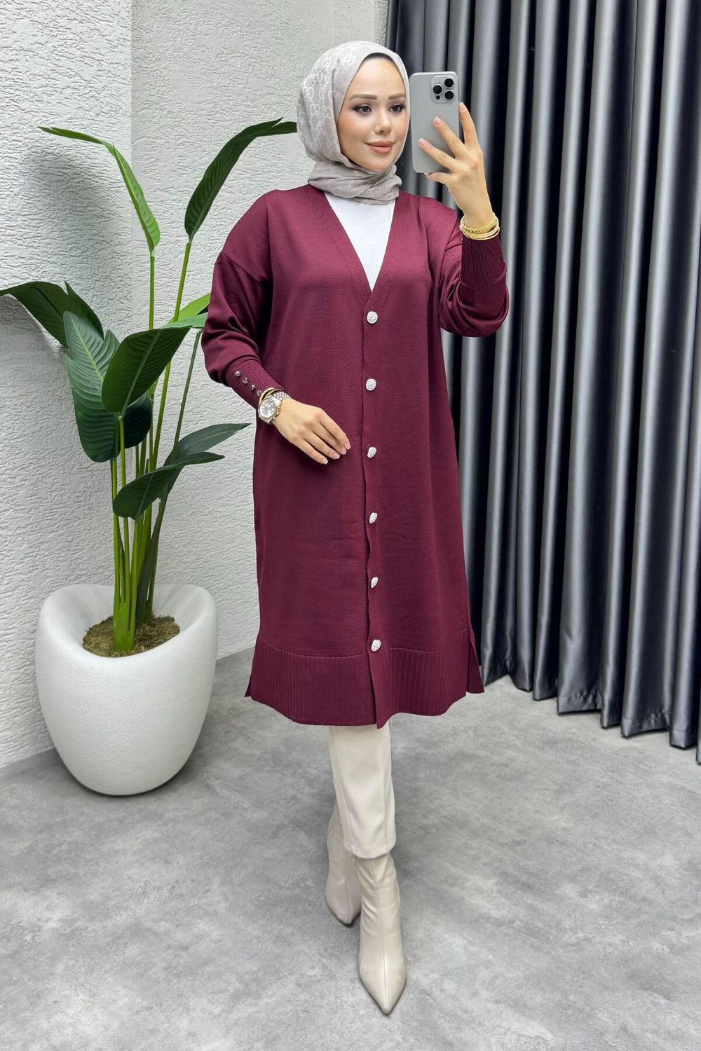 Düğme Detaylı Basic Triko Hırka 2529 Bordo