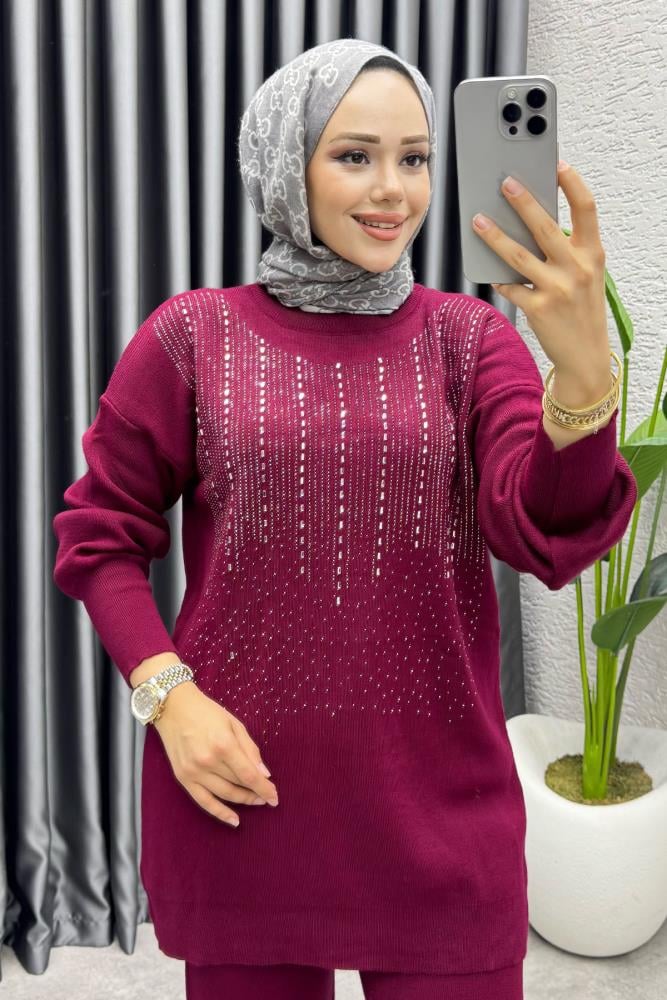 Elissa Taşlı Triko Takım 1109 Bordo